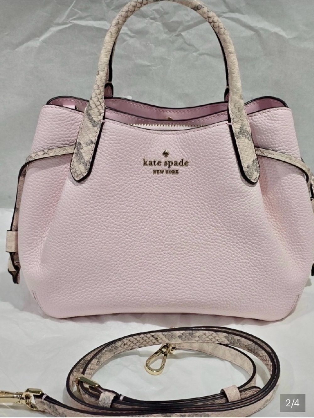 kate spade Pale Pink Pebbled Leather Satchel with Snake-Print Trim